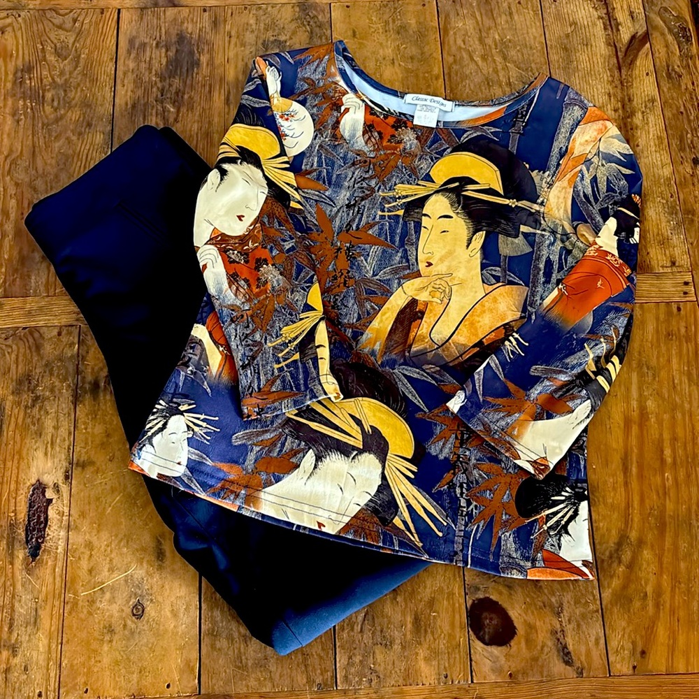 Japanese Quarter Length Blouse & pants Sz Med Top and 4PS Style & Co. pants